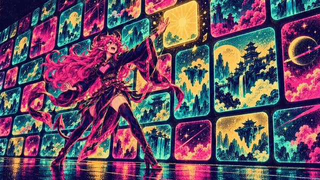 A whole wall covered in glowing rounded widget tiles like a giant home screen, with Eve sliding one tile into place