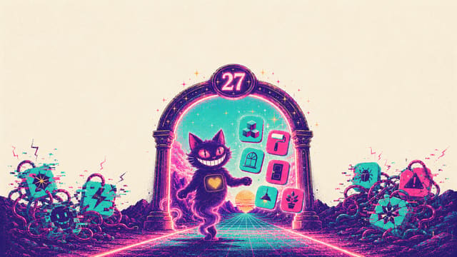 Sid the cat striding through a glowing iOS 27 portal with his apps intact while free-tool apps glitch at the threshold