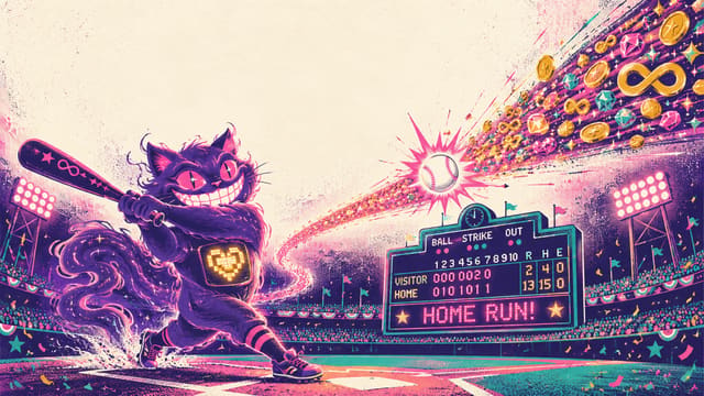 Sid the cat hitting a home run with unlimited coins and gems trailing the ball in BASEBALL 9