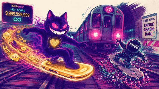 Sid the cat surfing subway tracks on a golden hoverboard with unlimited coins and keys in Subway Surfers