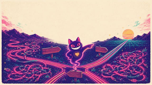 Sid the cat at a crossroads choosing between tangled free-sideloading paths and one clean lane