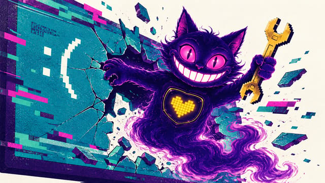 Sid calmly sipping a mug in a burning room full of glitchy error pop-ups